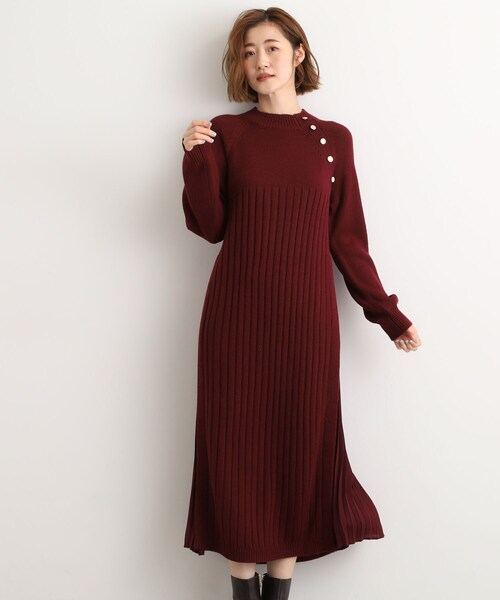 grove(グローブ)の「【選べる着丈】配色サイドプリーツニットワンピース(ワンピース・レディース・ワイン系1/ベージュ系4/チャコール・02/03/04/13/12/11/05/01)」の1枚目の写真