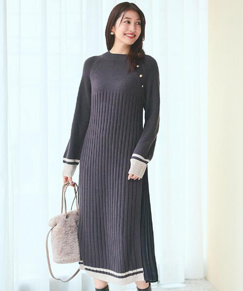 grove(グローブ)の「【選べる着丈】配色サイドプリーツニットワンピース(ワンピース・レディース・ワイン系1/ベージュ系4/チャコール・02/03/04/13/12/11/05/01)」の4枚目の写真