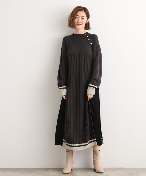grove(グローブ)の「【選べる着丈】配色サイドプリーツニットワンピース(ワンピース・レディース・ワイン系1/ベージュ系4/チャコール・02/03/04/13/12/11/05/01)」の7枚目の写真