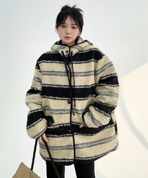 韓国ファッション ミドル丈ランダムボーダーボアコート