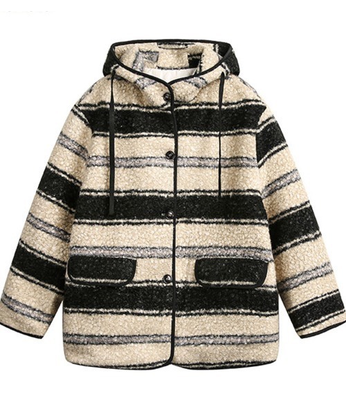 Dalfwin（ダールフィン）の「韓国ファッション ミドル丈ランダムボーダーボアコート（その他アウター・レディース・ブラック系・FREE）」の12枚目の写真