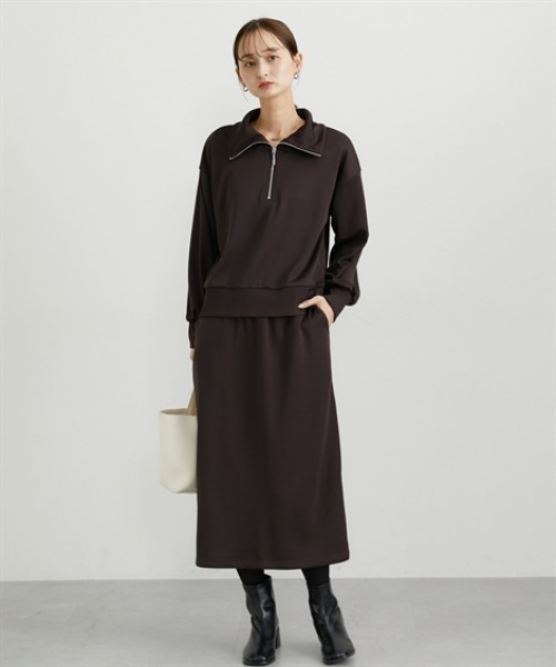nissen（ニッセン）の「裏シャギー２点セット（ハーフジップトップス＋ナロースカート）（Tシャツ/カットソー・レディース・ダークブラウン/ブラック/カーキ・M/L/LL/3L）」の4枚目の写真
