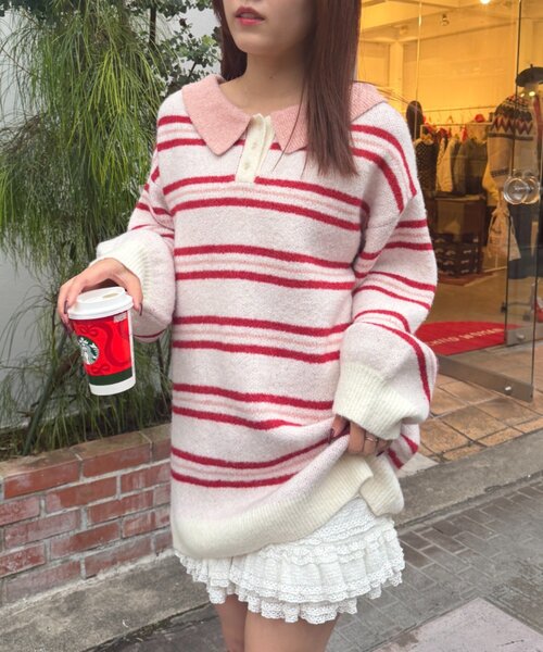 w closet（ダブルクローゼット）の「ボーダーラガーニット（ニット/セーター・レディース・ブラウン/イエロー/アイボリー・FREE）」の2枚目の写真