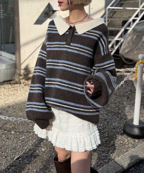 w closet（ダブルクローゼット）の「ボーダーラガーニット（ニット/セーター・レディース・ブラウン/イエロー/アイボリー・FREE）」の13枚目の写真