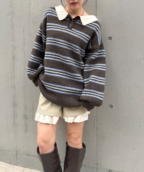 w closet（ダブルクローゼット）の「ボーダーラガーニット（ニット/セーター・レディース・ブラウン/イエロー/アイボリー・FREE）」の15枚目の写真