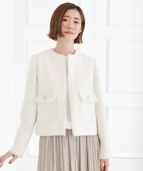 grove（グローブ）の「【ハレの日・通勤】着回しできる上品ツイードジャケット（ノーカラージャケット・レディース・ブラック系3/オフホワイト/ネイビー系3・02/01/04/05/03）」の2枚目の写真