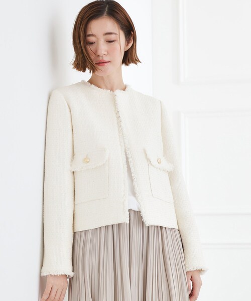 grove（グローブ）の「【ハレの日・通勤】着回しできる上品ツイードジャケット（ノーカラージャケット・レディース・ブラック系3/オフホワイト/ネイビー系3・02/01/04/05/03）」の6枚目の写真