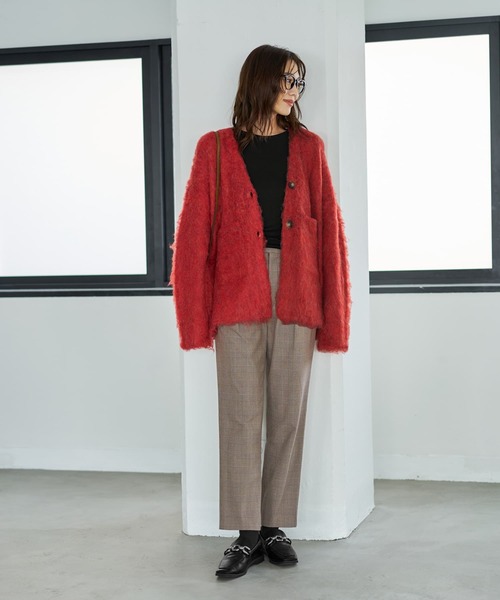 STYLE DELI（スタイルデリ）の「【LUXE】毛起こしブークレポケットカーディガン（ニット/セーター・レディース・パープル/レッド/グレー・FREE）」の6枚目の写真