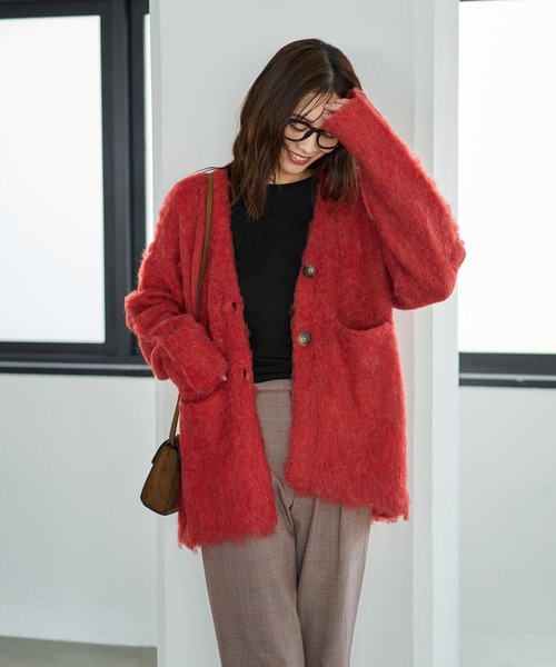 STYLE DELI（スタイルデリ）の「【LUXE】毛起こしブークレポケットカーディガン（ニット/セーター・レディース・パープル/レッド/グレー・FREE）」の4枚目の写真