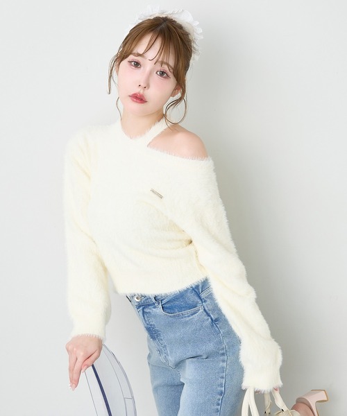 one after another NICE CLAUP(ワンアフターアナザーナイスクラップ)の「肩開きフェザーニット(ニット/セーター・レディース・イエロー/オフホワイト/ブラック/ピンク・FREE)」の3枚目の写真