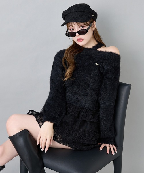 one after another NICE CLAUP(ワンアフターアナザーナイスクラップ)の「肩開きフェザーニット(ニット/セーター・レディース・イエロー/オフホワイト/ブラック/ピンク・FREE)」の18枚目の写真