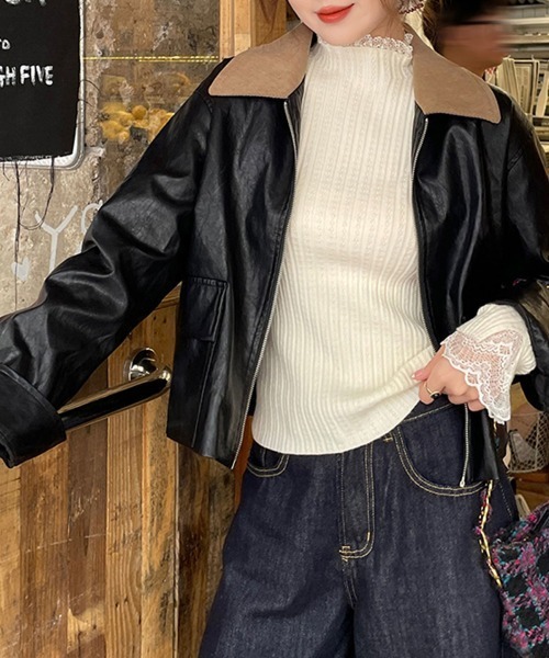 ReRe(リリ)の「ハイネック×レーストリム付きニットトップス(ニット/セーター・レディース・ベージュ/オートミール/ホワイト/ブラック・FREE)」の13枚目の写真