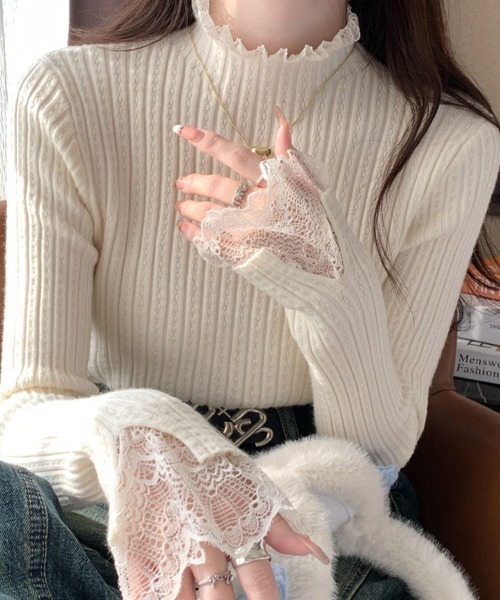 ReRe(リリ)の「ハイネック×レーストリム付きニットトップス(ニット/セーター・レディース・ベージュ/オートミール/ホワイト/ブラック・FREE)」の14枚目の写真