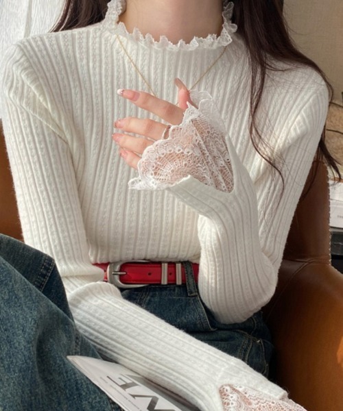 ReRe(リリ)の「ハイネック×レーストリム付きニットトップス(ニット/セーター・レディース・ベージュ/オートミール/ホワイト/ブラック・FREE)」の16枚目の写真