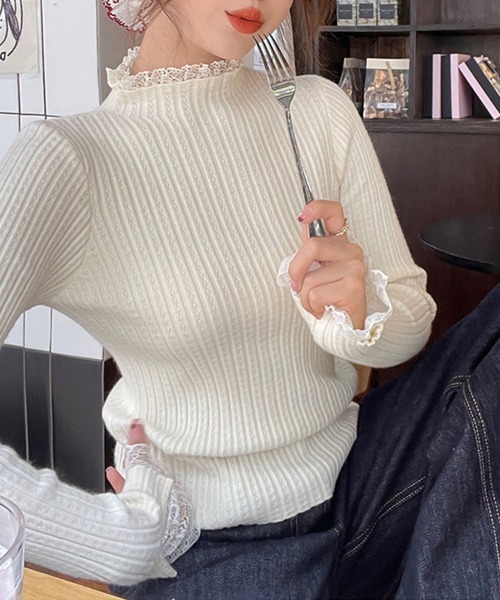 ReRe(リリ)の「ハイネック×レーストリム付きニットトップス(ニット/セーター・レディース・ベージュ/オートミール/ホワイト/ブラック・FREE)」の18枚目の写真