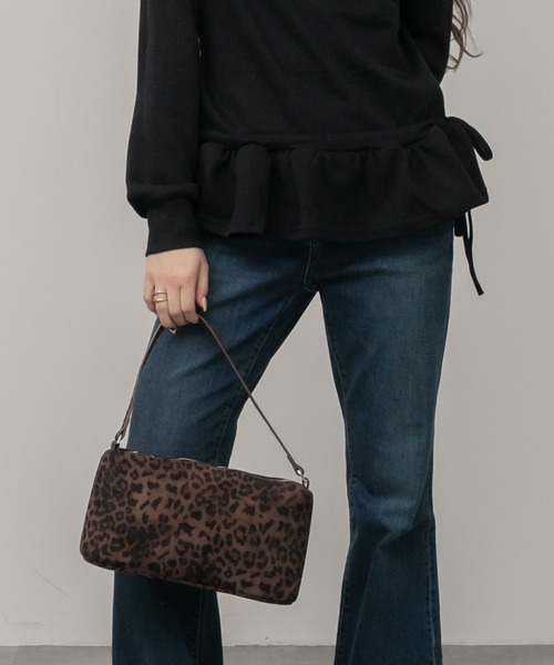 ワンハンドルレオパード柄スエードショルダーバッグ / ブラウン