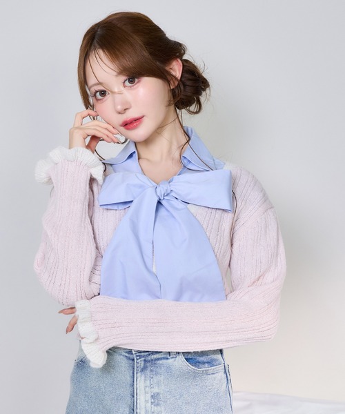 one after another NICE CLAUP（ワンアフターアナザーナイスクラップ）の「袖口フリルカーディガン（カーディガン/ボレロ・レディース・ピンク/イエロー/オフホワイト/グレー・FREE）」の4枚目の写真