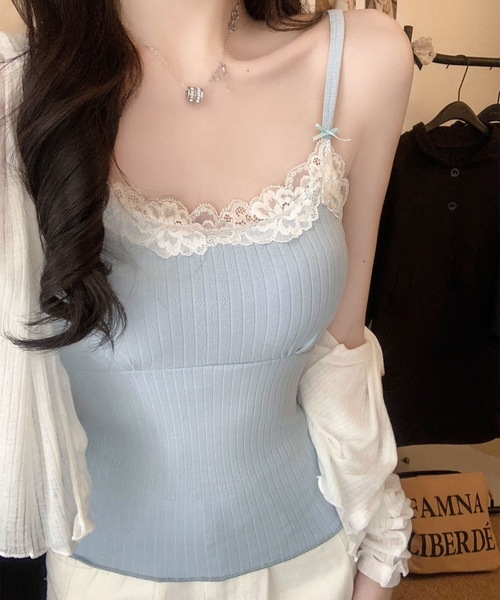 Lace Ladies（レースレディース）の「配レース リボン カップ付き リブ キャミソール（キャミソール・レディース・ホワイト/ピンク/ブラック/ブルー・FREE）」の5枚目の写真