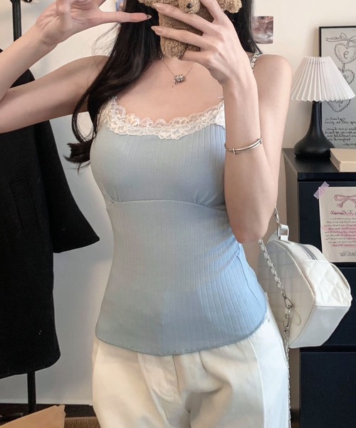 Lace Ladies（レースレディース）の「配レース リボン カップ付き リブ キャミソール（キャミソール・レディース・ホワイト/ピンク/ブラック/ブルー・FREE）」の6枚目の写真
