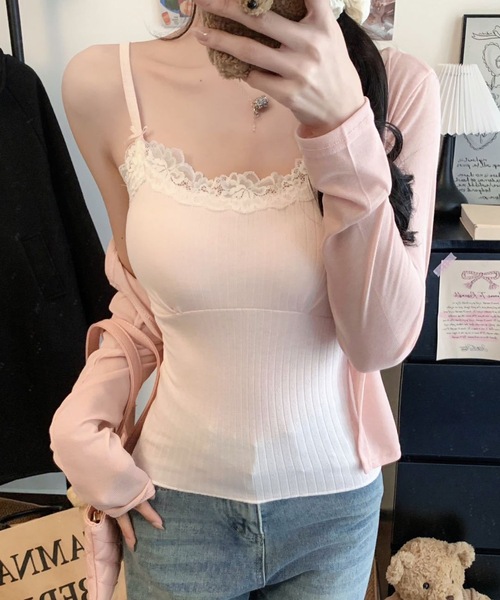 Lace Ladies（レースレディース）の「配レース リボン カップ付き リブ キャミソール（キャミソール・レディース・ホワイト/ピンク/ブラック/ブルー・FREE）」の7枚目の写真