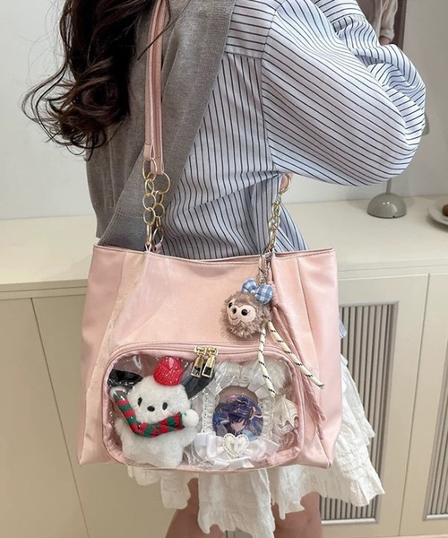 shopnikoniko(ショップニコニコ)の「痛バ トートバッグ 痛バッグ 推し活 クリアポケット付き チェーンハンドルトートバッグ(トートバッグ・レディース・シルバー/ピンク/ホワイト・フリー)」の1枚目の写真