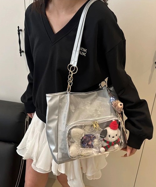 shopnikoniko(ショップニコニコ)の「痛バ トートバッグ 痛バッグ 推し活 クリアポケット付き チェーンハンドルトートバッグ(トートバッグ・レディース・シルバー/ピンク/ホワイト・フリー)」の2枚目の写真
