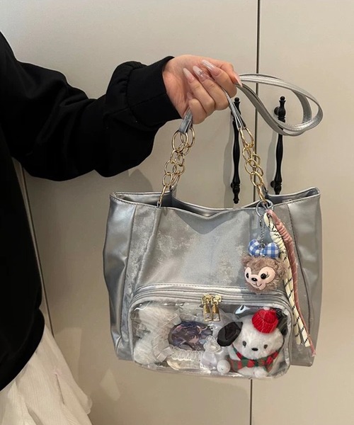 shopnikoniko(ショップニコニコ)の「痛バ トートバッグ 痛バッグ 推し活 クリアポケット付き チェーンハンドルトートバッグ(トートバッグ・レディース・シルバー/ピンク/ホワイト・フリー)」の16枚目の写真