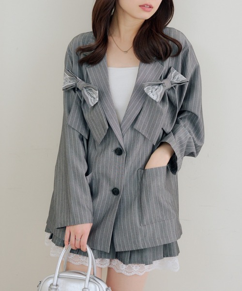 Another Branch olive des olive（アナザーブランチオリーブデオリーブ）の「【セットアップ】レースリボンテラージャケット（テーラードジャケット・レディース・ブラック/ストライプ/チェック・FREE）」の2枚目の写真