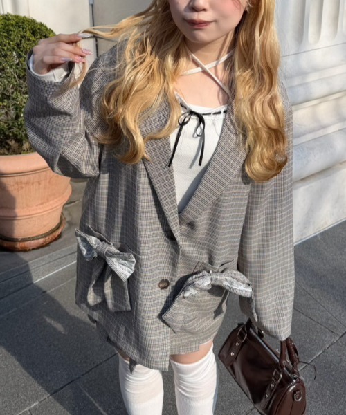 Another Branch olive des olive（アナザーブランチオリーブデオリーブ）の「【セットアップ】レースリボンテラージャケット（テーラードジャケット・レディース・ブラック/ストライプ/チェック・FREE）」の3枚目の写真