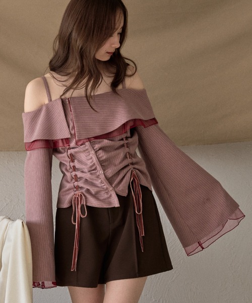 frill offshoulder stitch ribbon tops / フリルオフショルダー