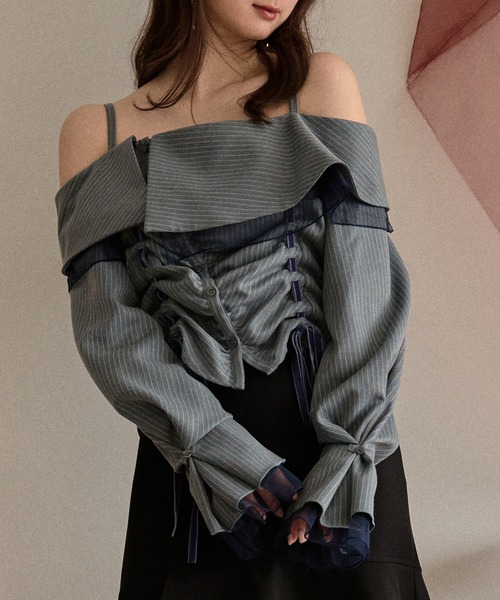 frill offshoulder stitch ribbon tops / フリルオフショルダー