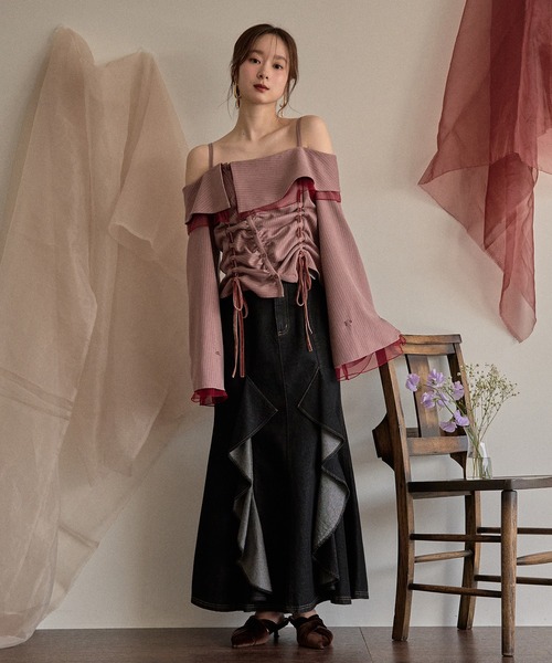 mideal(マイディール)の「frill offshoulder stitch ribbon tops / フリルオフショルダーステッチリボントップス(シャツ/ブラウス・レディース・ピンク/ブラウン/ブルー・FREE)」の10枚目の写真