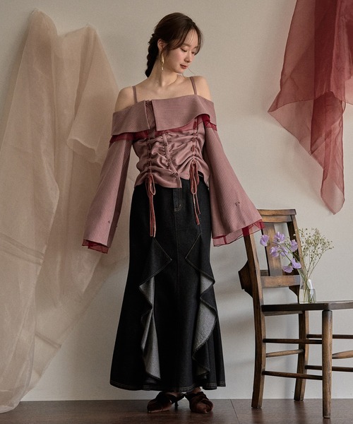 mideal(マイディール)の「frill offshoulder stitch ribbon tops / フリルオフショルダーステッチリボントップス(シャツ/ブラウス・レディース・ピンク/ブラウン/ブルー・FREE)」の11枚目の写真