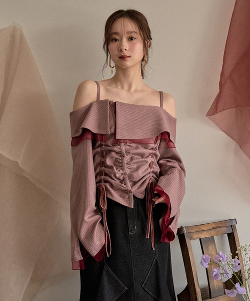 mideal(マイディール)の「frill offshoulder stitch ribbon tops / フリルオフショルダーステッチリボントップス(シャツ/ブラウス・レディース・ピンク/ブラウン/ブルー・FREE)」の5枚目の写真