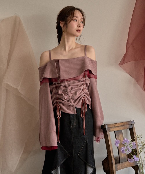 mideal(マイディール)の「frill offshoulder stitch ribbon tops / フリルオフショルダーステッチリボントップス(シャツ/ブラウス・レディース・ピンク/ブラウン/ブルー・FREE)」の6枚目の写真