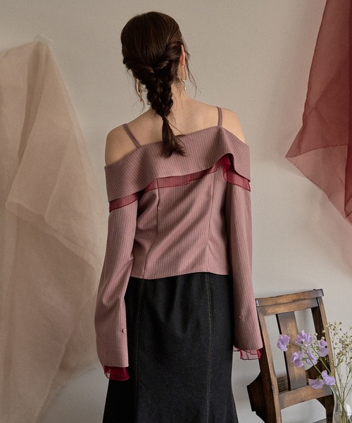 mideal(マイディール)の「frill offshoulder stitch ribbon tops / フリルオフショルダーステッチリボントップス(シャツ/ブラウス・レディース・ピンク/ブラウン/ブルー・FREE)」の9枚目の写真