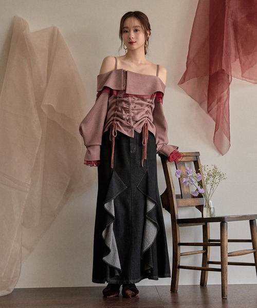 mideal(マイディール)の「frill offshoulder stitch ribbon tops / フリルオフショルダーステッチリボントップス(シャツ/ブラウス・レディース・ピンク/ブラウン/ブルー・FREE)」の17枚目の写真