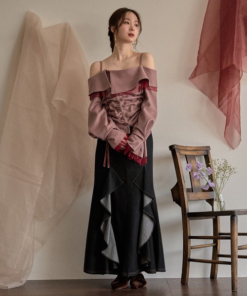 mideal(マイディール)の「frill offshoulder stitch ribbon tops / フリルオフショルダーステッチリボントップス(シャツ/ブラウス・レディース・ピンク/ブラウン/ブルー・FREE)」の18枚目の写真