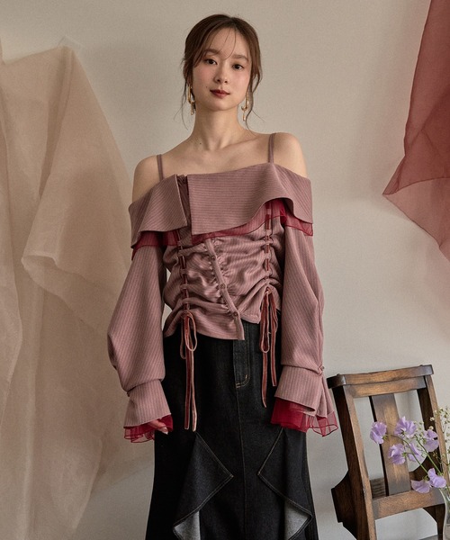 mideal(マイディール)の「frill offshoulder stitch ribbon tops / フリルオフショルダーステッチリボントップス(シャツ/ブラウス・レディース・ピンク/ブラウン/ブルー・FREE)」の14枚目の写真