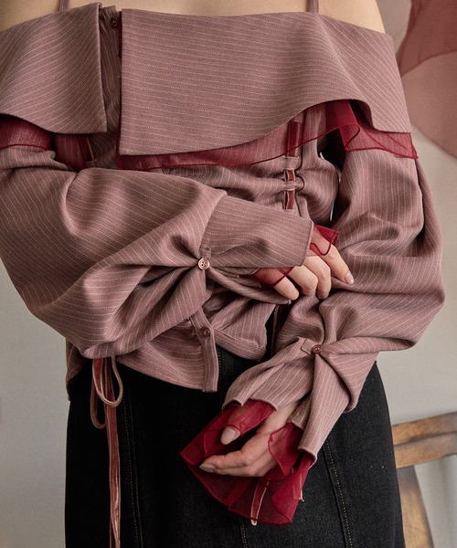 frill offshoulder stitch ribbon tops / フリルオフショルダー