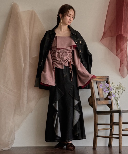 mideal(マイディール)の「frill offshoulder stitch ribbon tops / フリルオフショルダーステッチリボントップス(シャツ/ブラウス・レディース・ピンク/ブラウン/ブルー・FREE)」の13枚目の写真