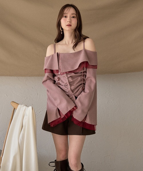 frill offshoulder stitch ribbon tops / フリルオフショルダー