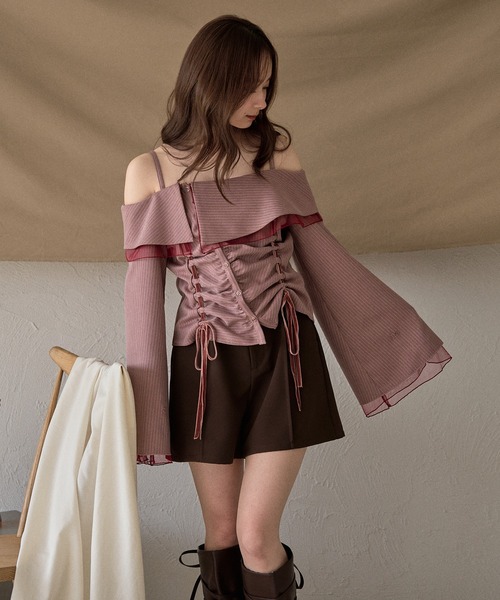 mideal(マイディール)の「frill offshoulder stitch ribbon tops / フリルオフショルダーステッチリボントップス(シャツ/ブラウス・レディース・ピンク/ブラウン/ブルー・FREE)」の21枚目の写真