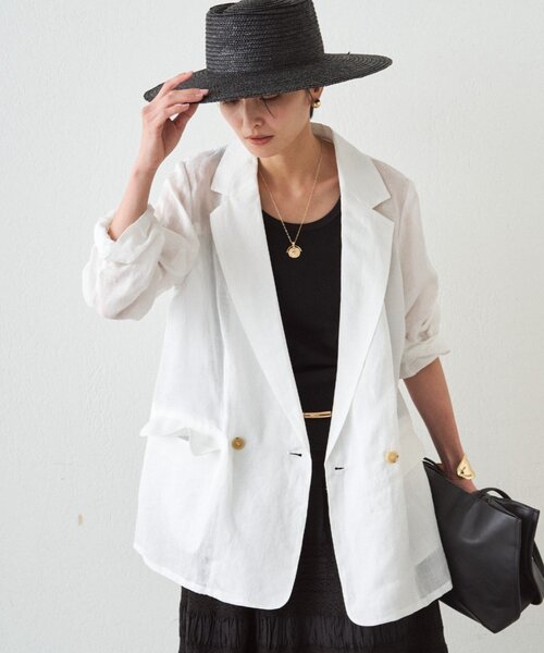 LOUNGEDRESS(ラウンジドレス)の「リネン100ジャケット(テーラードジャケット・レディース・ネイビー/オフホワイト/サックスブルー・FREE)」の4枚目の写真