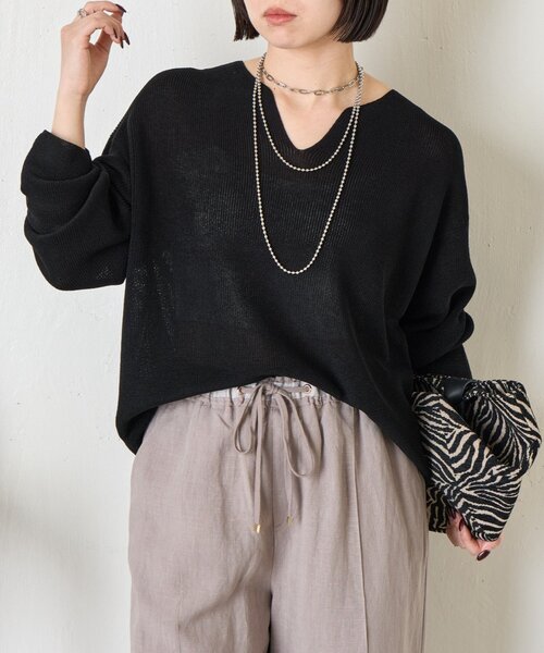 Jena espace merveilleux（ジェナ　エスパスメルヴェイユ）の「【春ニット】ギマライクカタアゼVニット（ニット/セーター・レディース・ベージュ/オフホワイト/ブラック・FREE）」の2枚目の写真