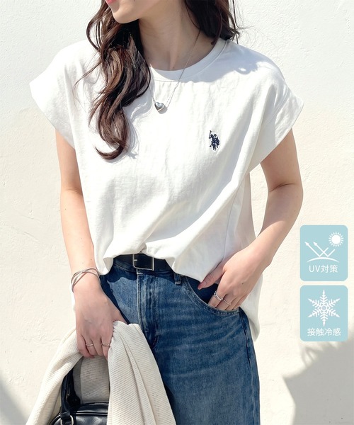 U.S. POLO ASSN.(ユーエスポロアッスン)の「GeeRA別注【U.S. POLO ASSN.】大人のゆったりリラックススタイル 接触冷感フレンチスリーブTシャツ(Tシャツ/カットソー・レディース・ブラック/オフホワイト/ホワイト系その他・MEDIUM/LARGE/X-LARGE)」の1枚目の写真