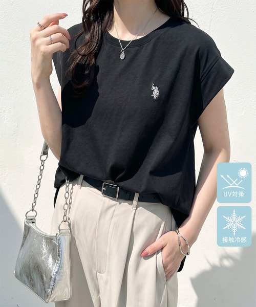 U.S. POLO ASSN.(ユーエスポロアッスン)の「GeeRA別注【U.S. POLO ASSN.】大人のゆったりリラックススタイル 接触冷感フレンチスリーブTシャツ(Tシャツ/カットソー・レディース・ブラック/オフホワイト/ホワイト系その他・MEDIUM/LARGE/X-LARGE)」の3枚目の写真