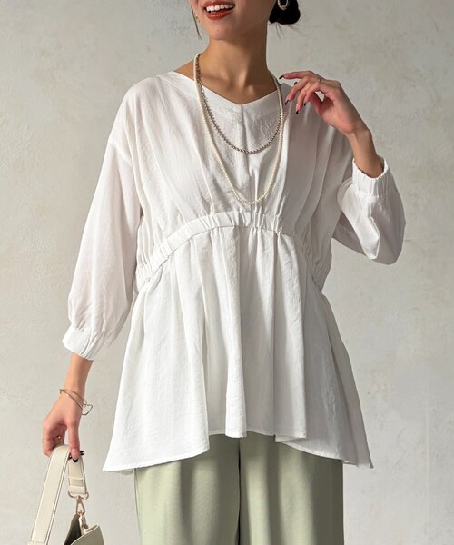 Chez toi（シェトワ）の「ギャザーペプラムチュニック（シャツ/ブラウス・レディース・オレンジ/ホワイト/ブラック・FREE）」の5枚目の写真