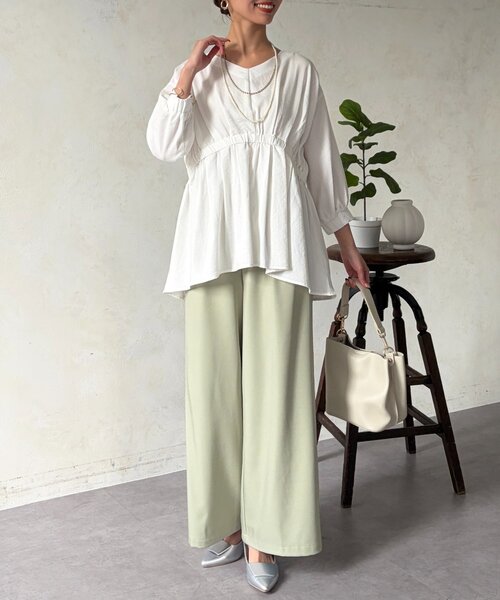 Chez toi（シェトワ）の「ギャザーペプラムチュニック（シャツ/ブラウス・レディース・オレンジ/ホワイト/ブラック・FREE）」の9枚目の写真