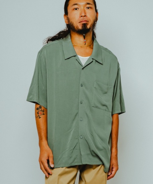 BIG MIKE（ビッグマイク）の「BIG MIKE ビッグマイク / レーヨンシャツ 半袖 オープンカラー 無地アロハ とろみシャツ メンズ レディース //// 102625540（シャツ/ブラウス・メンズ・ダークネイビー/グリーン/ダークブラウン/オレンジ・MEDIUM/X-LARGE/LARGE）」の3枚目の写真